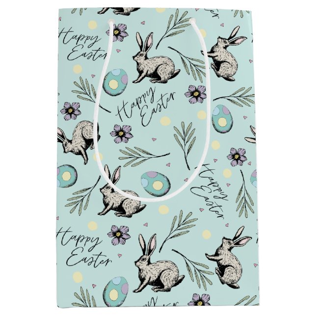 Sac Cadeau Moyen Lapin de Pâques et Oeufs Bleus (Devant)