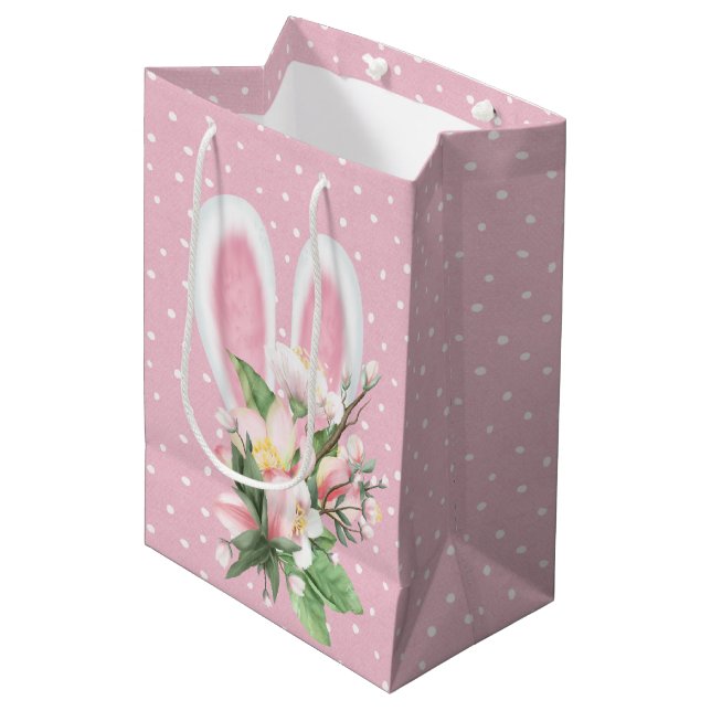 Sac Cadeau Moyen Lapin De Pâques Oreilles En Bouquet De Fleurs (Devant Angle)