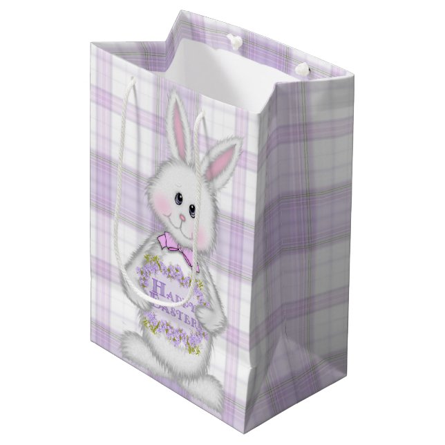 Sac Cadeau Moyen Lapin De Pâques Sur Lavande Plaid (Devant Angle)