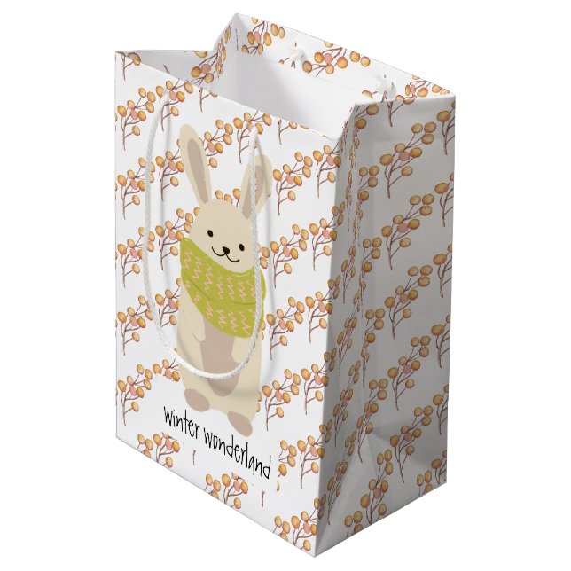 Sac Cadeau Moyen Lapin d'hiver avec son écharpe rayée (Dos Angle)