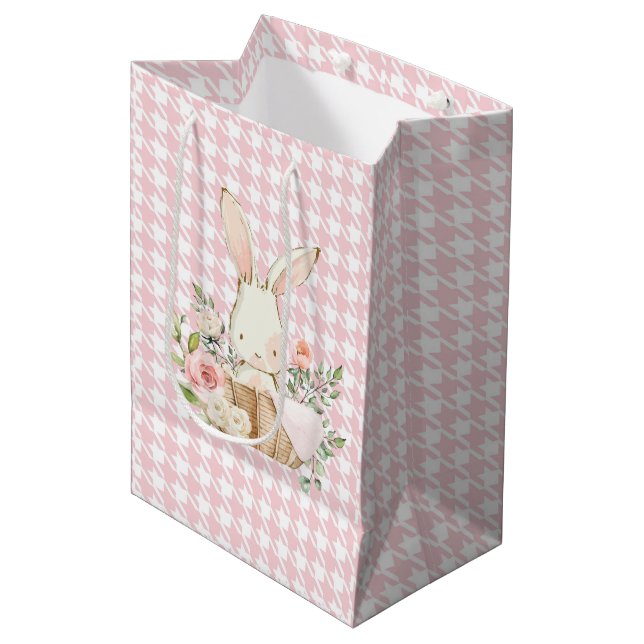 Sac Cadeau Moyen Lapin Lapin Pink Pastel Houndstooth Lapin (Devant Angle)