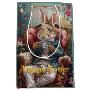 Sac Cadeau Moyen Lapin vintage buvant du thé Joyeuses Pâques