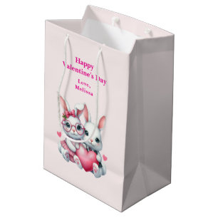 Sac Cadeau Moyen Lapins mignons partageant la Saint-Valentin cœur