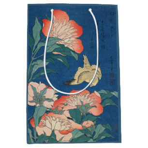 Sac Cadeau Moyen L'art japonais de Hokusai Pivoines et Canari