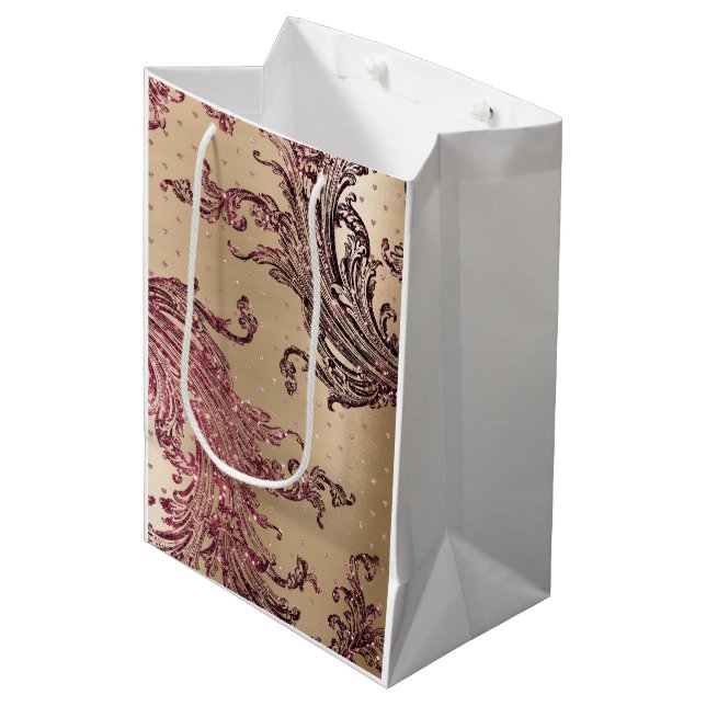 Sac Cadeau Moyen Lavage de bride Glamour Or Pailleté Cœurs Burgundy (Devant Angle)