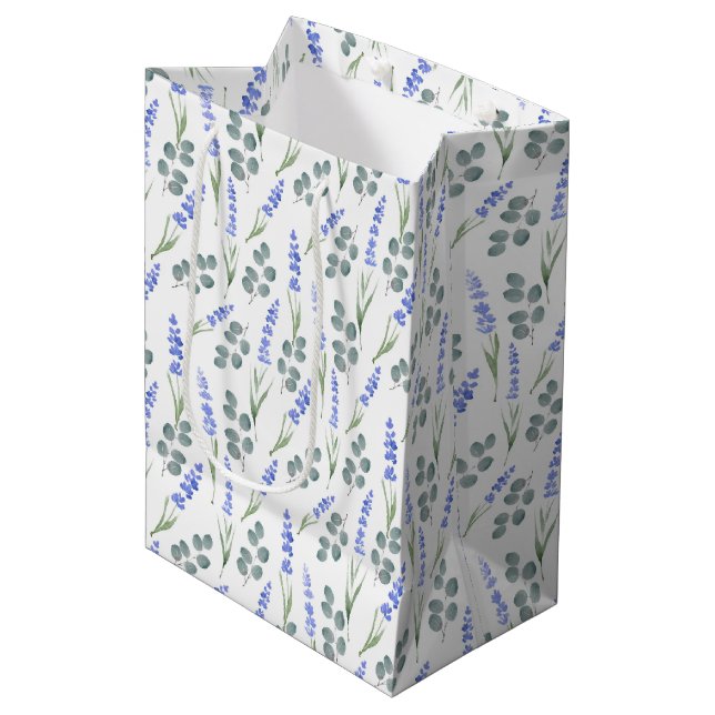 Sac Cadeau Moyen Lavande d'aquarelle et Motif d'eucalyptus (Devant Angle)