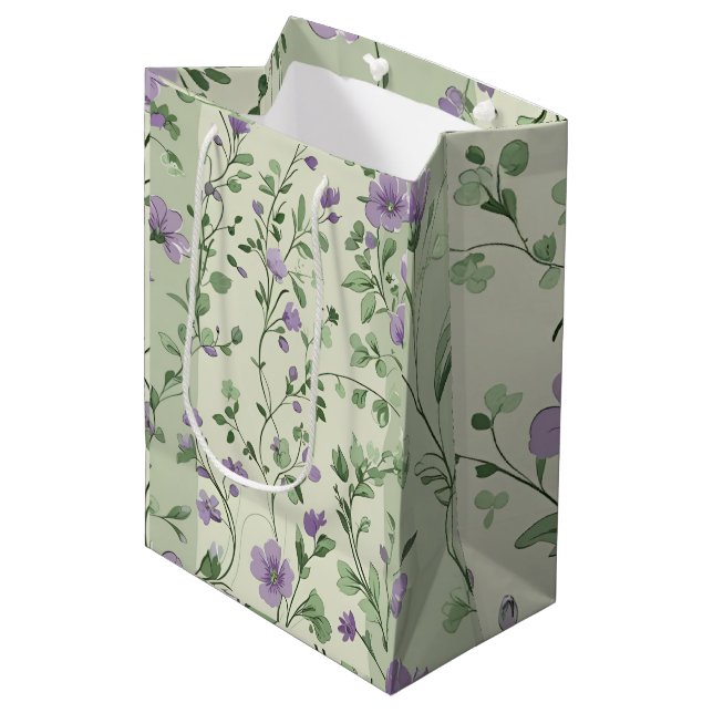 Sac Cadeau Moyen Lavande et design botanique vert (Devant Angle)