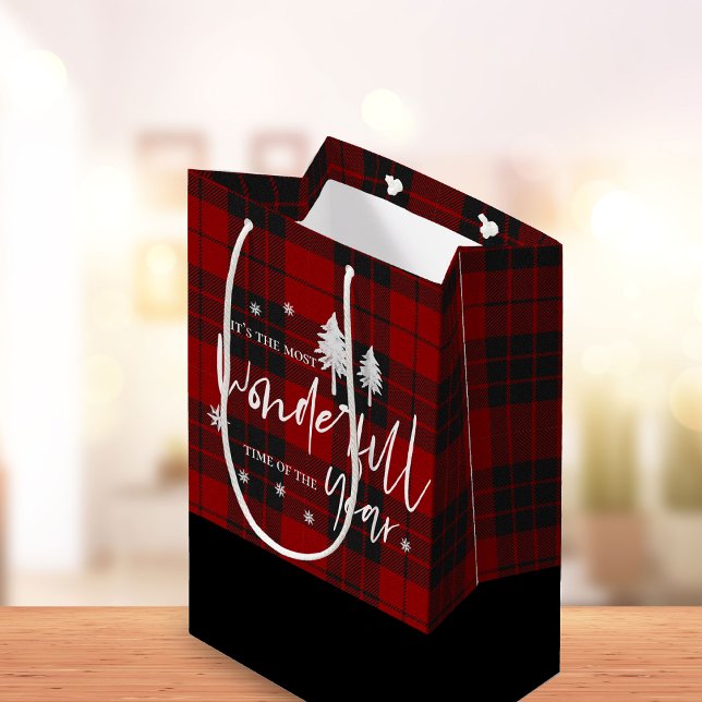 Sac Cadeau Moyen Le meilleur moment de l'année Rouge Plaid Noël (Most Wonderful Time of Year Red Plaid Christmas Medium Gift Bag)