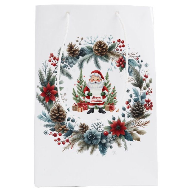 Sac Cadeau Moyen Le Père Noël Wreath d'hiver Joyeuses vacances (Devant)