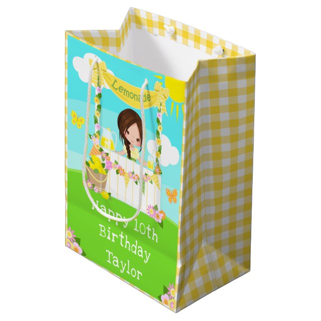 Sac Cadeau Moyen Lemonade Brown Hair Girl Joyeux anniversaire (Devant Angle)