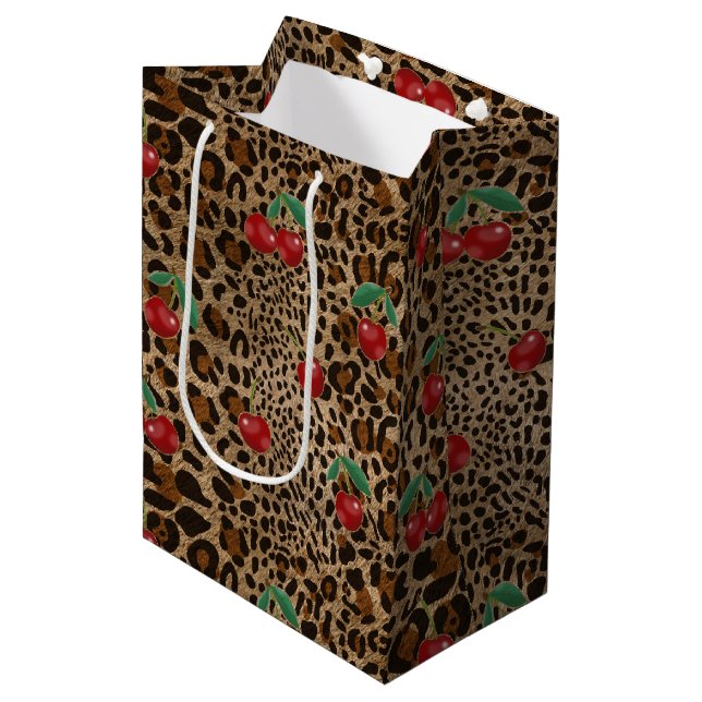 Sac Cadeau Moyen Leopard Cheetah Animal Print Red Cherry Pattern (Devant Angle)