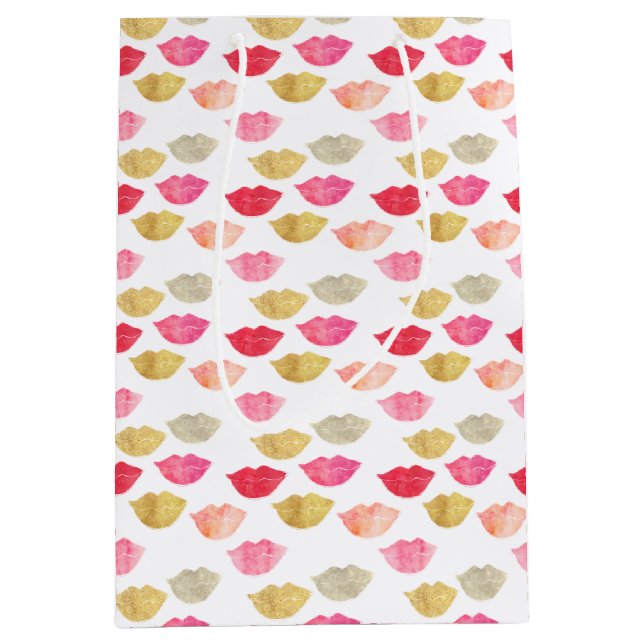 Sac Cadeau Moyen Lèvres d'aquarelle rouge or (Devant)