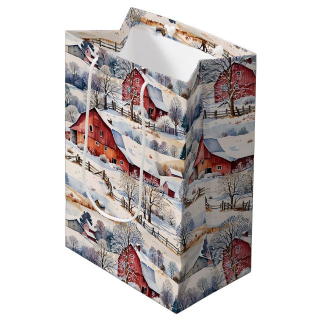Sac Cadeau Moyen L'hiver de la grange rouge à la ferme (Devant Angle)
