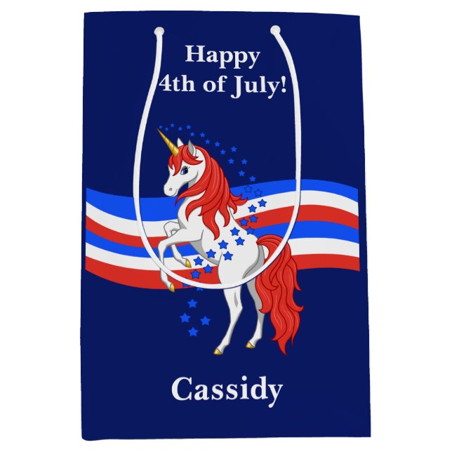 Sac Cadeau Moyen Licorne américaine patriotique bleue blanche rouge (Devant)