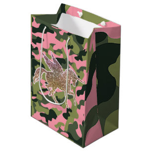 Sac Cadeau Moyen Licorne Rose Verte Camo Camouflage & Paillettes Do