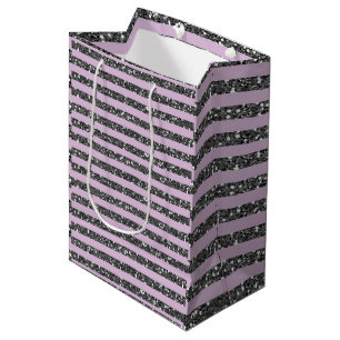 Sac Cadeau Moyen Lilac Lavande Violet Pailleté Argent Rayures Fête
