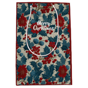 Sac Cadeau Moyen Linge botanique vintage Noël baies rouges