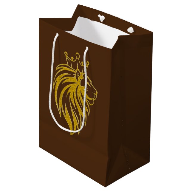 Sac Cadeau Moyen Lion Avec Couronne - Style Or 2 (Devant Angle)