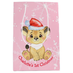 Sac Cadeau Moyen Lion personnalisé 1er Noël bébé fille rose