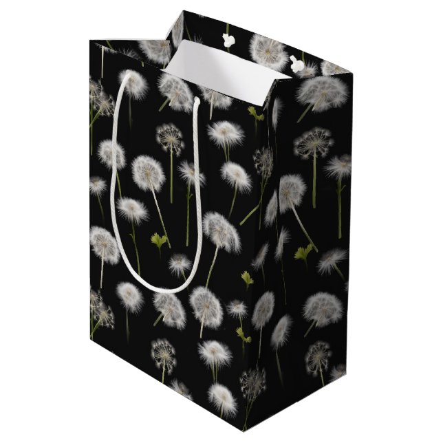 Sac Cadeau Moyen Liquide blanc Dandelion sur noir (Dos Angle)