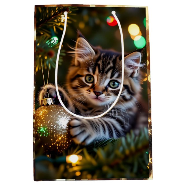 Sac Cadeau Moyen Little Kitten on Christmas Tree   (Devant)