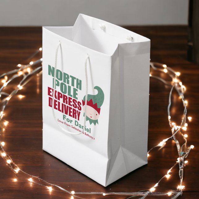 Sac Cadeau Moyen Livraison d'Express Elf North Pôle Personnalisée (North Pole Express Delivery Personalized Elf Gift Bag from Ricaso)
