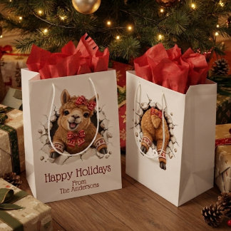 Sac Cadeau Moyen Llama de Noël faisant irruption à l'avant et à l'a