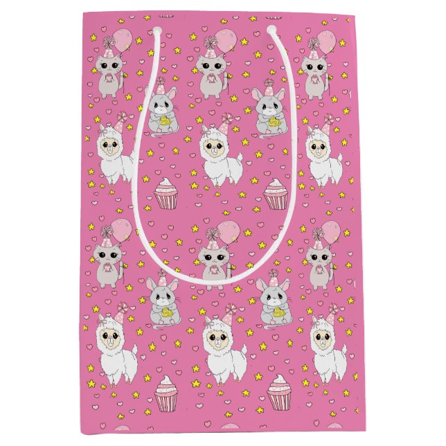 Sac Cadeau Moyen Llama rose, chaton et souris fille's Birthday (Devant)