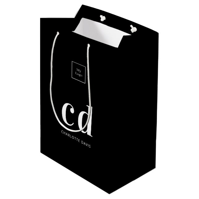 Sac Cadeau Moyen Logo noir blanc monogramme initiales shopping (Dos Angle)