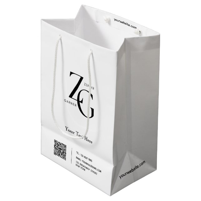 Sac Cadeau Moyen Logo personnalisé élégant | Code QR Blanc commerci (Devant Angle)