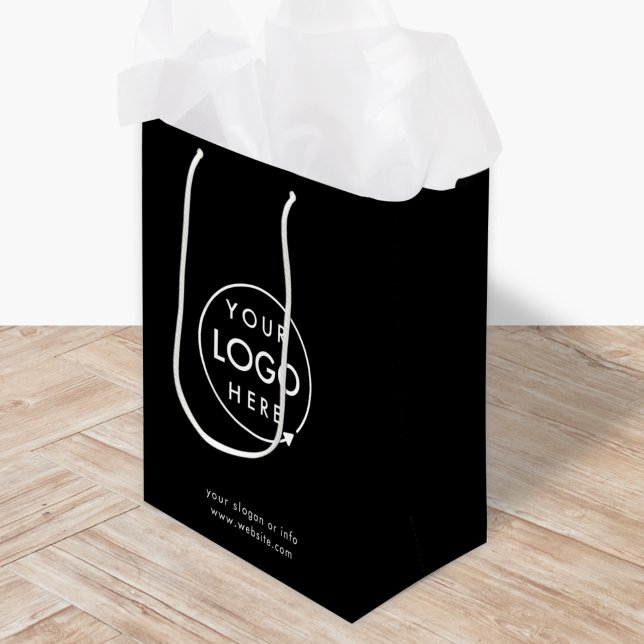 Sac Cadeau Moyen Logo professionnel | Entreprise (Sleek black company branded gift bags for small business gifting, brand events & promotional swag.)