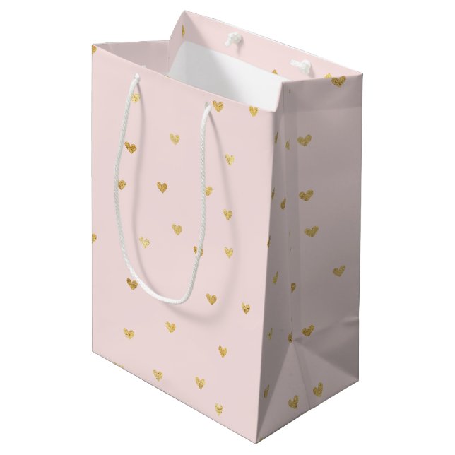 Sac Cadeau Moyen L'or rougissent de petits coeurs roses (Devant Angle)