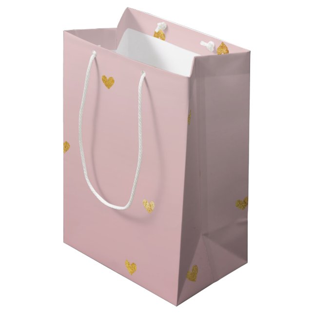 Sac Cadeau Moyen L'or rougissent les coeurs roses d'Ombre (Devant Angle)