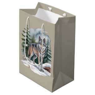 Sac Cadeau Moyen Loup d'hiver rétro à l'aquarelle 90's Nature sauva
