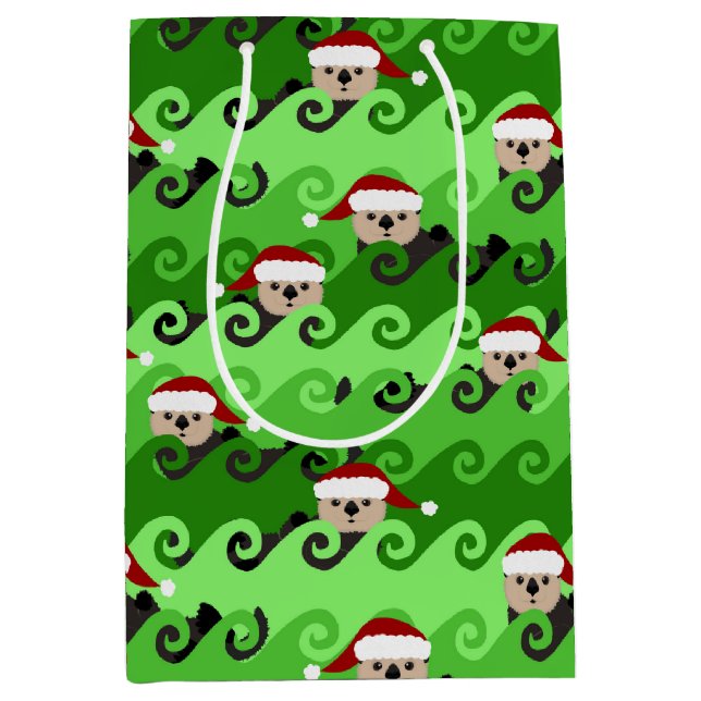 Sac Cadeau Moyen Loutres de mer de Noël Vagues vertes (Devant)