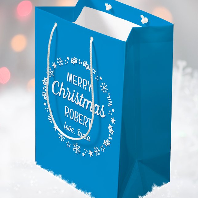 Sac Cadeau Moyen Love Père Noël Joyeux Noël Nom personnalisé Bleu (Créateur téléchargé)