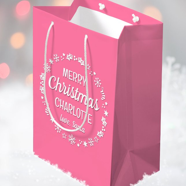 Sac Cadeau Moyen Love Père Noël Joyeux Noël Personnalisé Nom Rose (Créateur téléchargé)