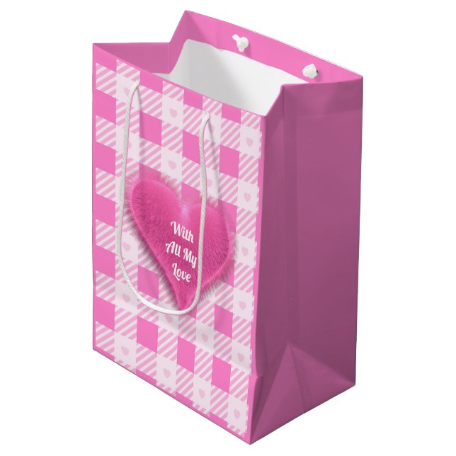 Sac Cadeau Moyen Love Plaid Collection rose moderne (Devant Angle)