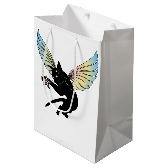 Sac Cadeau Moyen Lune de chat cosmique et étoiles (Devant Angle)