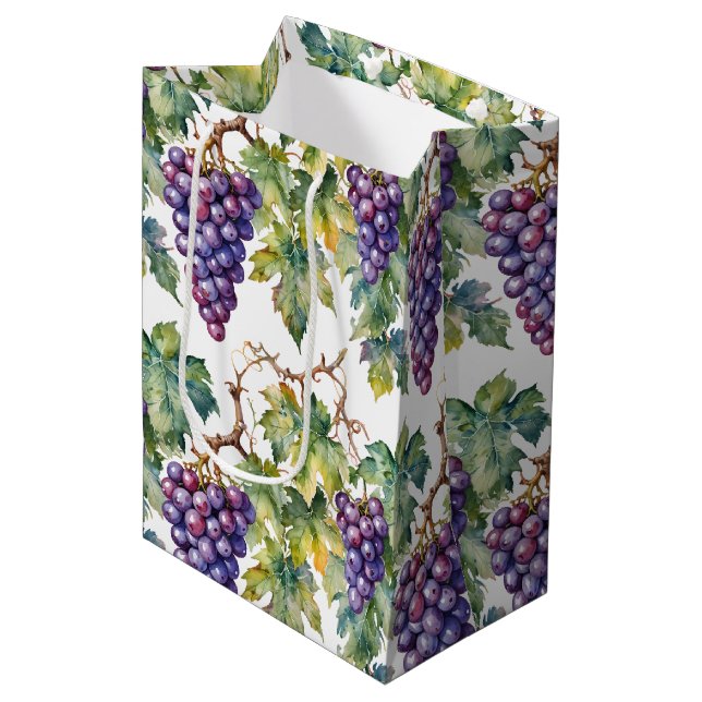 Sac Cadeau Moyen Lush Watercolor Purple Grape Vine Pattern (Devant Angle)