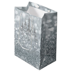 Sac Cadeau Moyen Lustre Glamour Bokeh Pailleté Argenté Blanc Étince