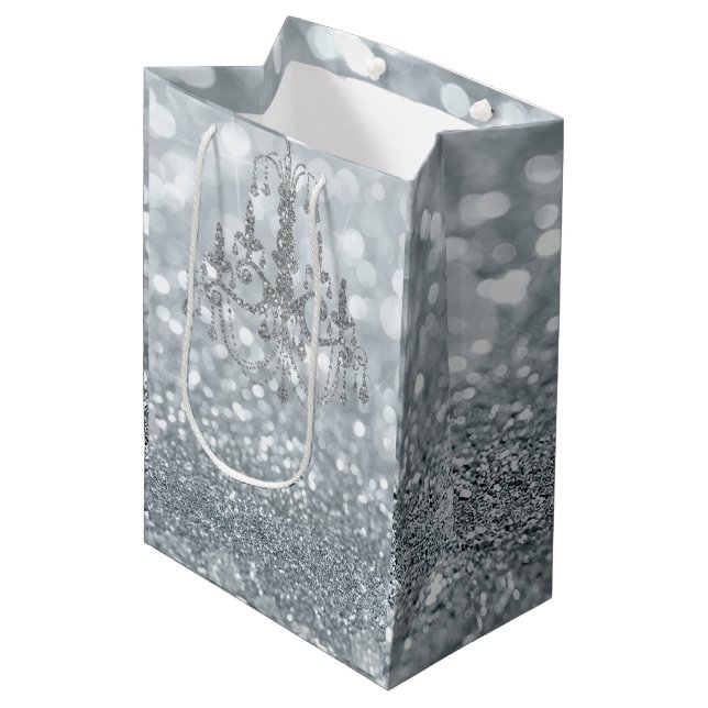 Sac Cadeau Moyen Lustre Glamour Pailleté Bokeh Argenté Brillant (Devant Angle)