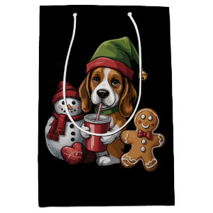 Sac Cadeau Moyen Lutin de chien Basset Hound de Noël Joyeux Noël