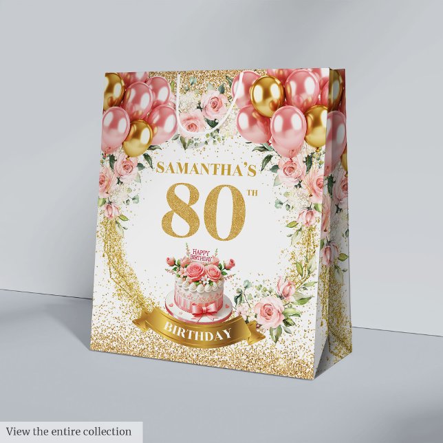 Sac Cadeau Moyen Luxe Gold Numéro 80e anniversaire Boho Blush Flowe (Luxe Gold Number 80th Birthday Boho Blush Flowers Medium Gift Bag)