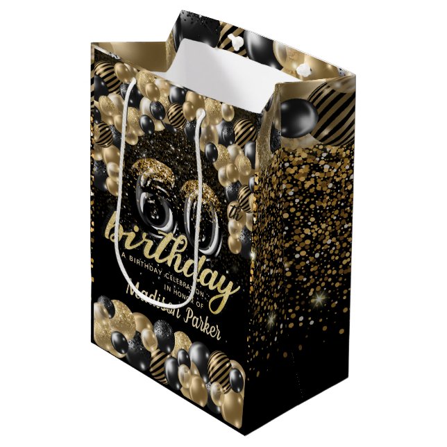 Sac Cadeau Moyen Luxe Personnalisé 60e anniversaire Black Gold (Devant Angle)