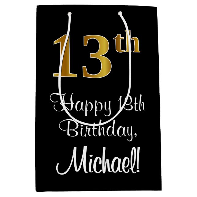 Sac Cadeau Moyen Luxueux, élégant, Faux Gold Look 13e anniversaire (Devant)