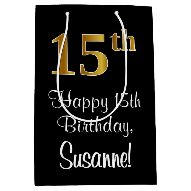 Sac Cadeau Moyen Luxueux, élégant, Faux Gold Look 15e anniversaire (Devant)