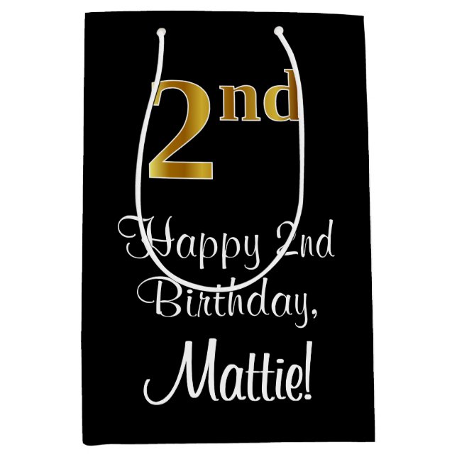 Sac Cadeau Moyen Luxueux, élégant, Faux Gold Look 2e anniversaire (Devant)