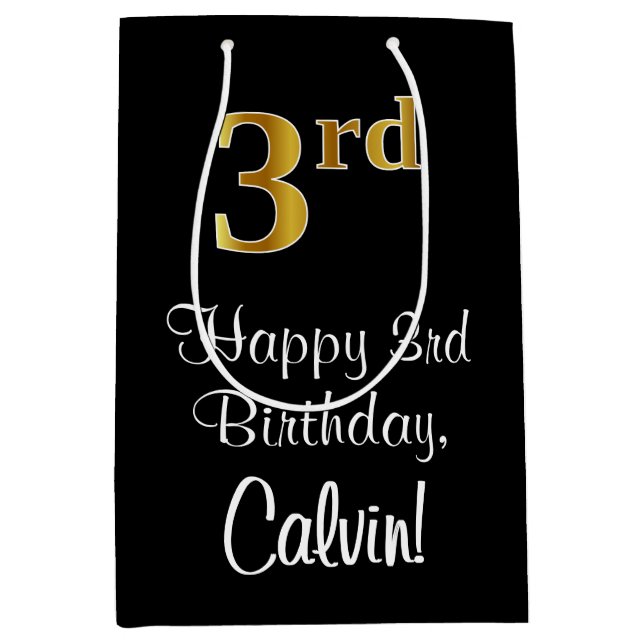 Sac Cadeau Moyen Luxueux, élégant, Faux Gold Look 3e anniversaire (Devant)