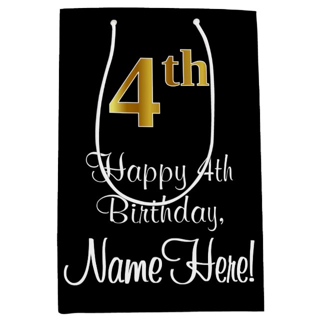 Sac Cadeau Moyen Luxueux, élégant, Faux Gold Look 4ème anniversaire (Devant)